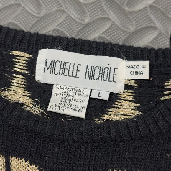 Michelle Nicole Sweater Womens Large Black Beige Geo Print Long Sleeve Crew Neck - Picture 5 of 7